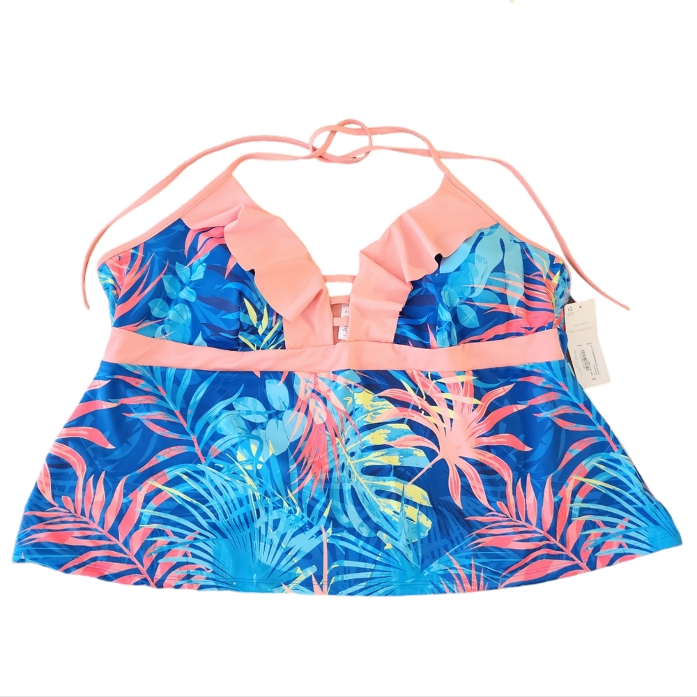 Peyton & Parker Swim Tankini Top Womens 3X Floral Tropical Halter Tie Neck Beach